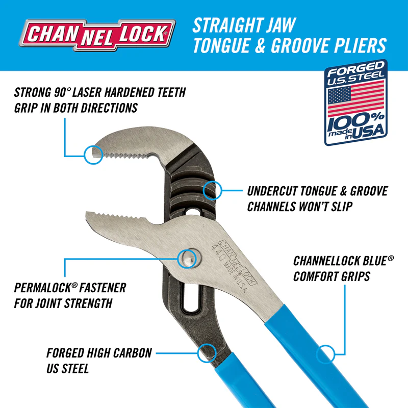 12 Inch Carbon Steel Straight Jaw Tongue and Groove Pliers 440 21691 - Image 2